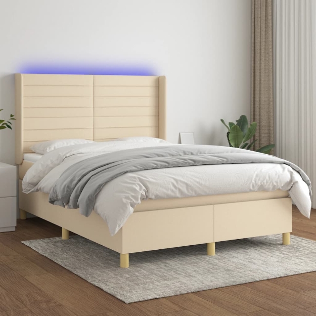 Letto a Molle con Materasso e LED Crema 140x190 cm in Tessuto