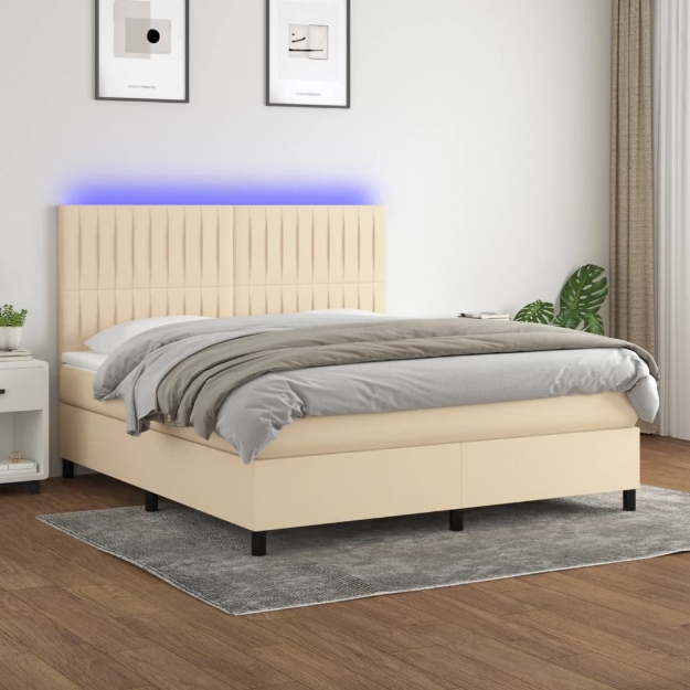 Letto a Molle con Materasso e LED Crema 160x200 cm in Tessuto