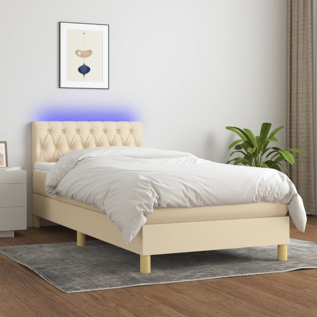 Letto a Molle con Materasso e LED Crema 90x190 cm in Tessuto