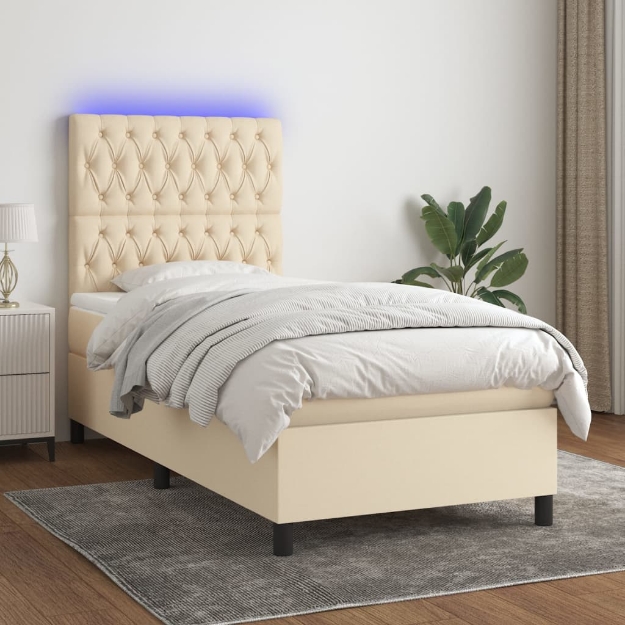 Letto a Molle con Materasso e LED Crema 90x190 cm in Tessuto