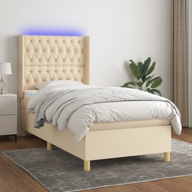 Letto a Molle con Materasso e LED Crema 90x190 cm in Tessuto