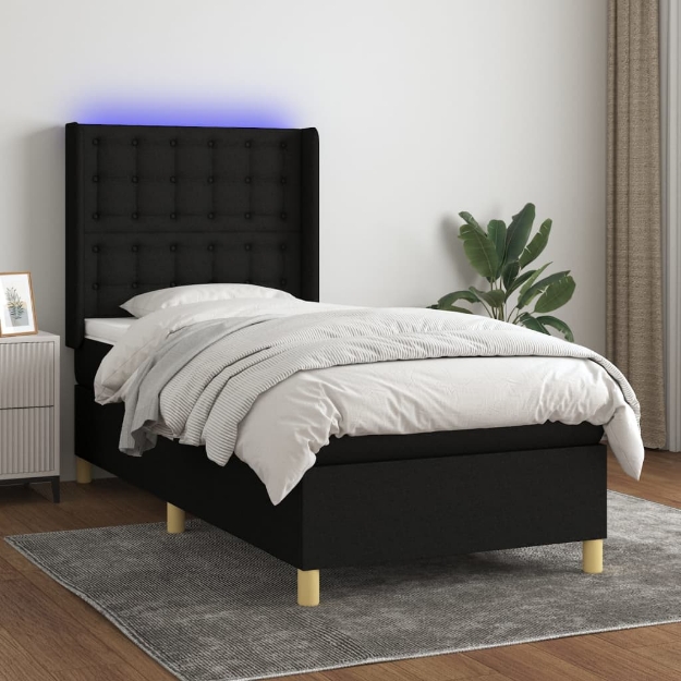 Letto a Molle con Materasso e LED Nero 100x200 cm in Tessuto