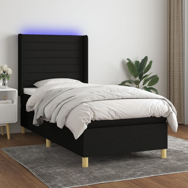 Letto a Molle con Materasso e LED Nero 100x200 cm in Tessuto