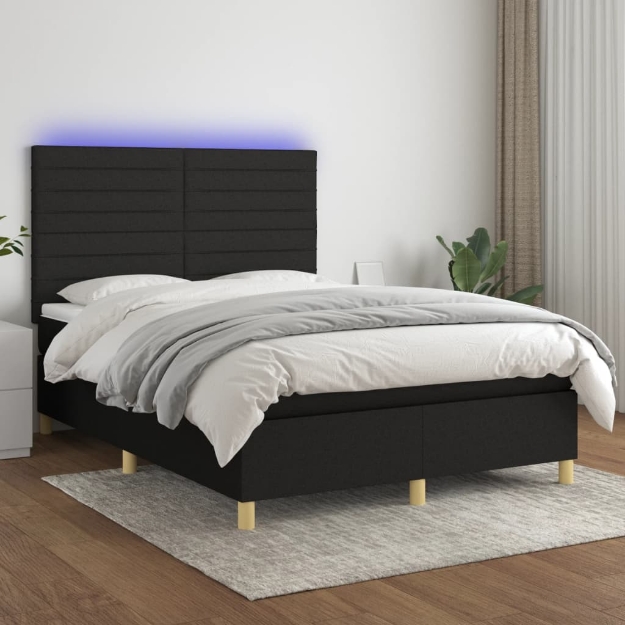 Letto a Molle con Materasso e LED Nero 140x190 cm in Tessuto