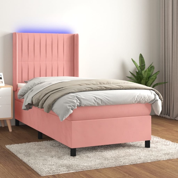 Letto a Molle con Materasso e LED Rosa 100x200 cm in Velluto