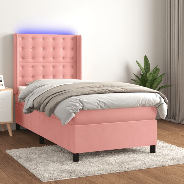 Letto a Molle con Materasso e LED Rosa 100x200 cm in Velluto