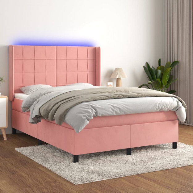 Letto a Molle con Materasso e LED Rosa 140x190 cm in Velluto