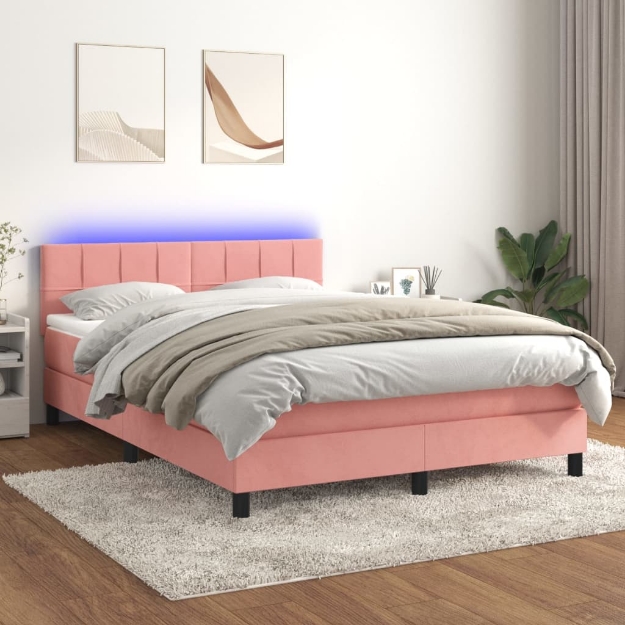 Letto a Molle con Materasso e LED Rosa 140x190 cm in Velluto