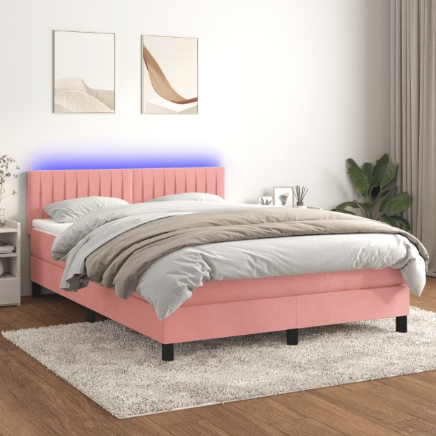 Letto a Molle con Materasso e LED Rosa 140x200 cm in Velluto