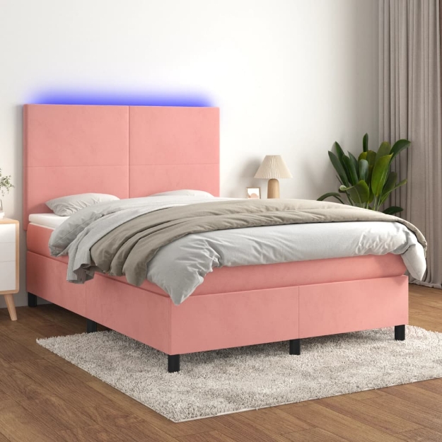 Letto a Molle con Materasso e LED Rosa 140x200 cm in Velluto