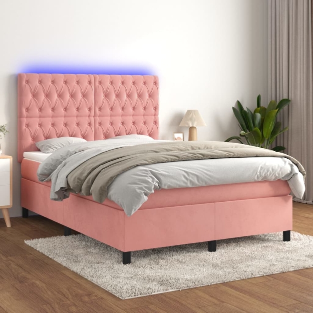 Letto a Molle con Materasso e LED Rosa 140x200 cm in Velluto