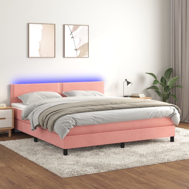 Letto a Molle con Materasso e LED Rosa 160x200 cm in Velluto