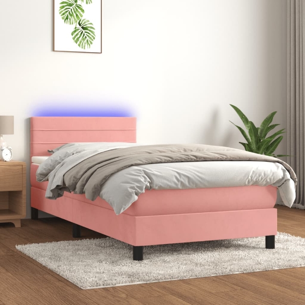 Letto a Molle con Materasso e LED Rosa 90x200 cm in Velluto