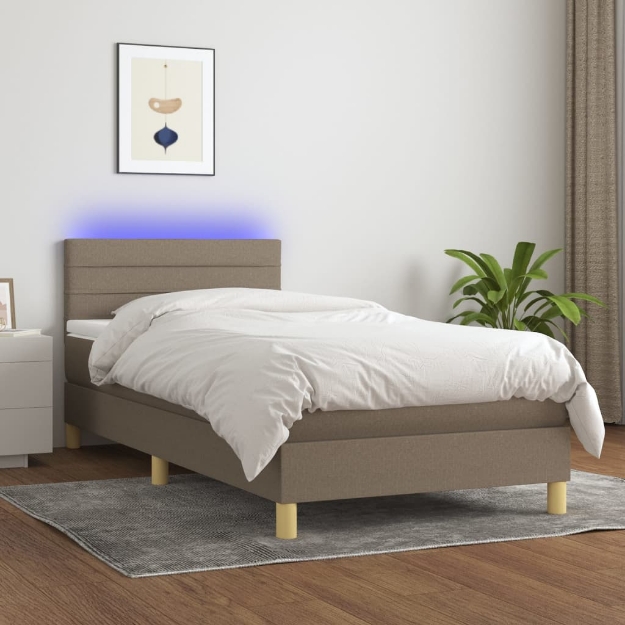 Letto a Molle con Materasso e LED Tortora 100x200cm in Tessuto