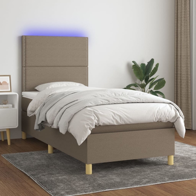 Letto a Molle con Materasso e LED Tortora 100x200cm in Tessuto