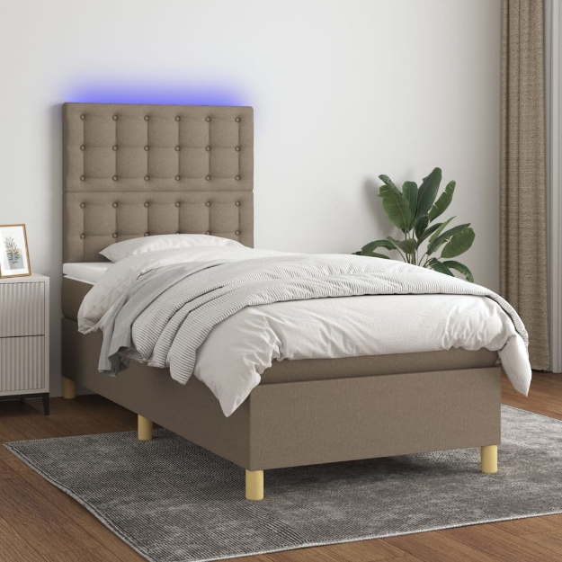 Letto a Molle con Materasso e LED Tortora 100x200cm in Tessuto