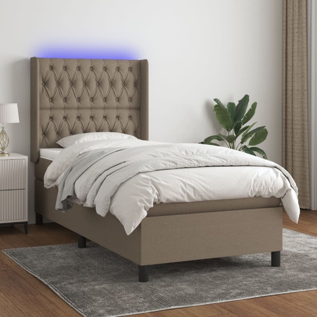 Letto a Molle con Materasso e LED Tortora 100x200cm in Tessuto