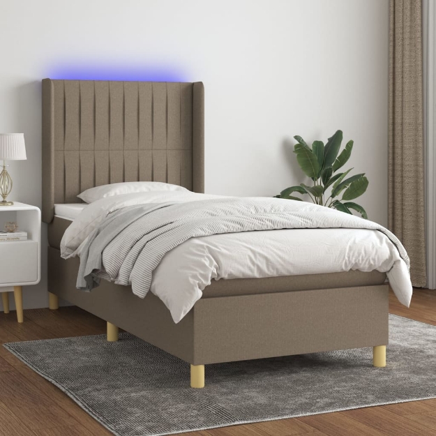 Letto a Molle con Materasso e LED Tortora 100x200cm in Tessuto