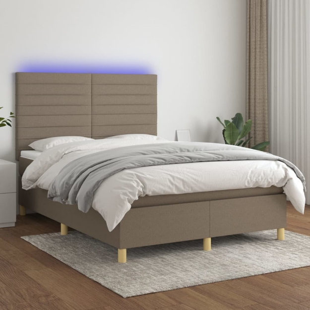 Letto a Molle con Materasso e LED Tortora 140x190 cm in Tessuto