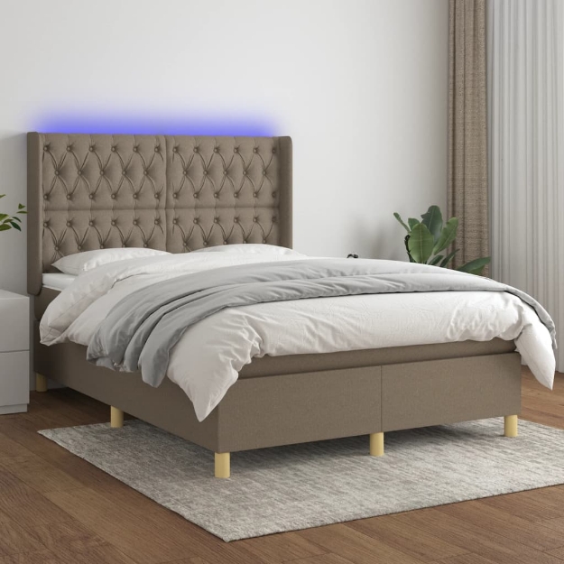 Letto a Molle con Materasso e LED Tortora 140x190 cm in Tessuto