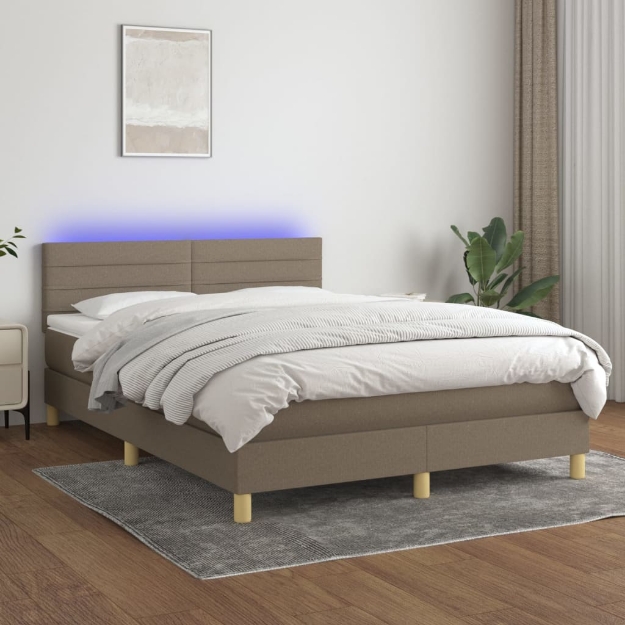 Letto a Molle con Materasso e LED Tortora 140x190 cm in Tessuto