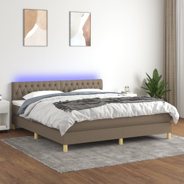 Letto a Molle con Materasso e LED Tortora 160x200 cm in Tessuto