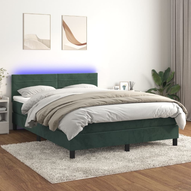 Letto a Molle con Materasso e LED Verde Scuro 140x200cm Velluto