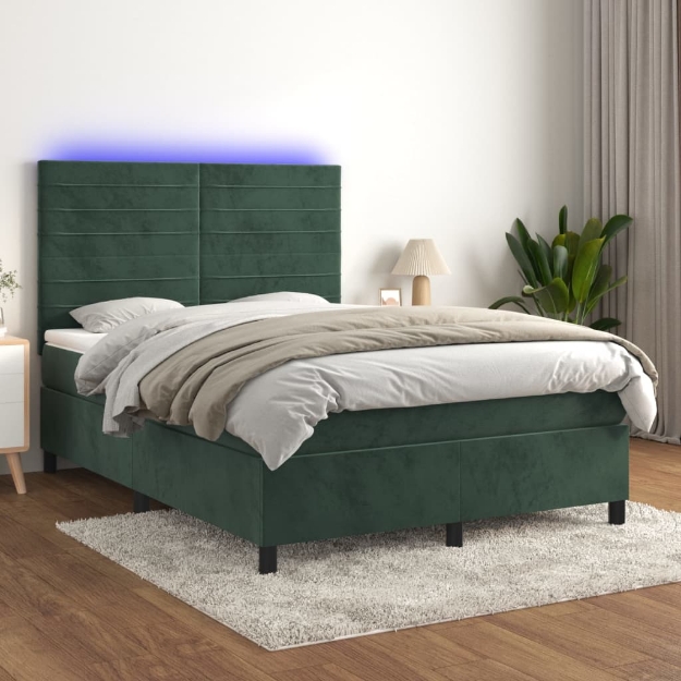 Letto a Molle con Materasso e LED Verde Scuro 140x200cm Velluto