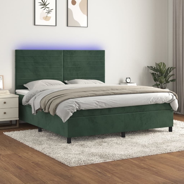 Letto a Molle con Materasso e LED Verde Scuro 160x200cm Velluto