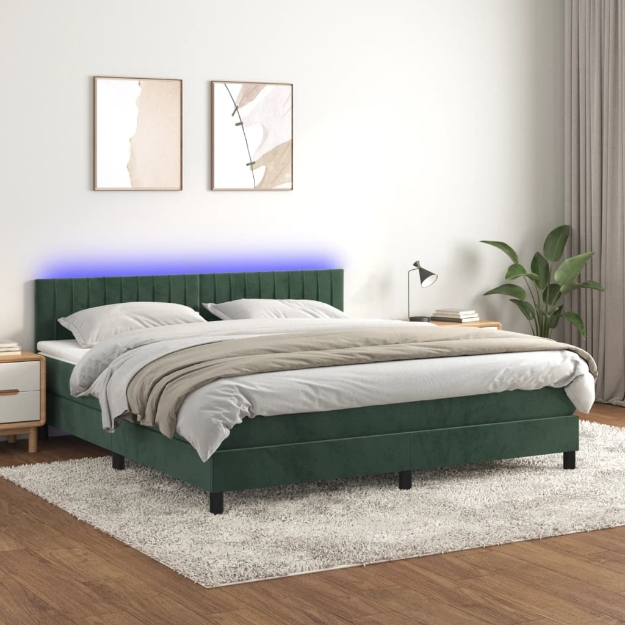 Letto a Molle con Materasso e LED Verde Scuro 160x200cm Velluto