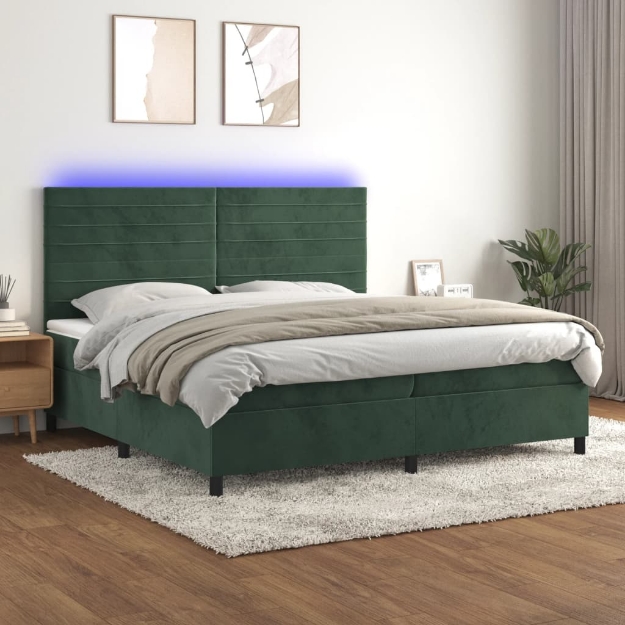 Letto a Molle con Materasso e LED Verde Scuro 200x200cm Velluto