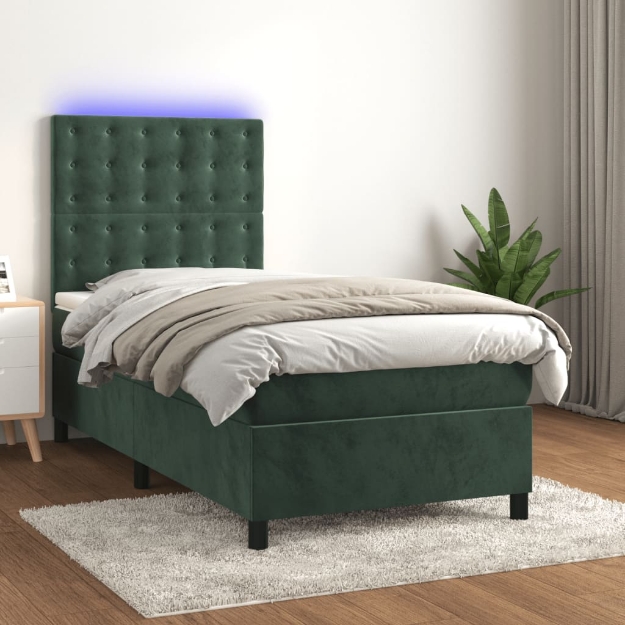 Letto a Molle con Materasso e LED Verde Scuro 80x200cm Velluto