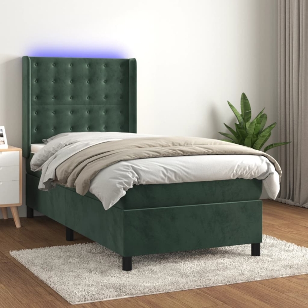 Letto a Molle con Materasso e LED Verde Scuro 80x200cm Velluto