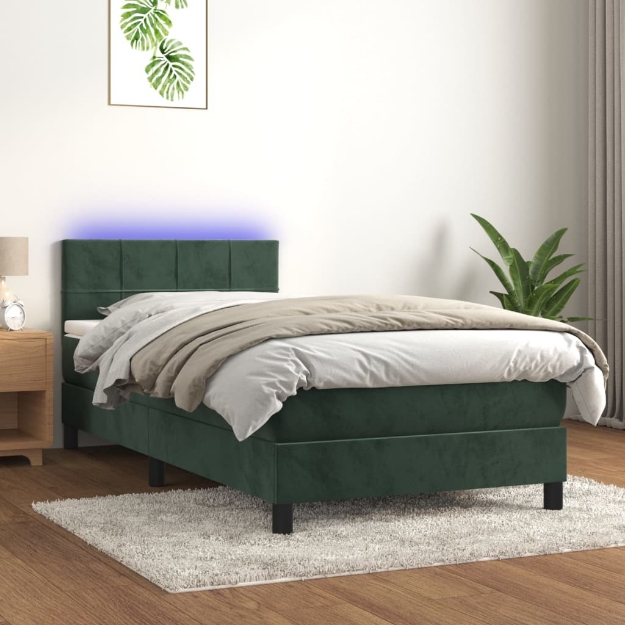 Letto a Molle con Materasso e LED Verde Scuro 90x190 cm Velluto