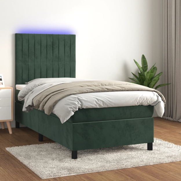 Letto a Molle con Materasso e LED Verde Scuro 90x190 cm Velluto