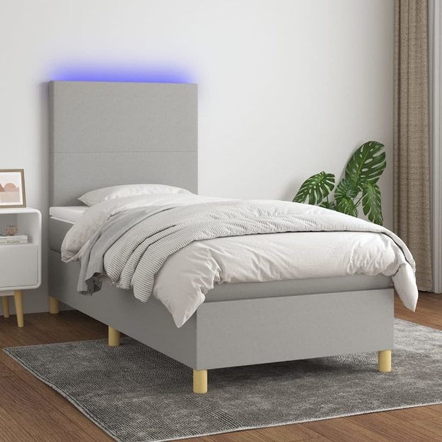 Letto a Molle Materasso e LED Grigio Chiaro 100x200 cm Tessuto