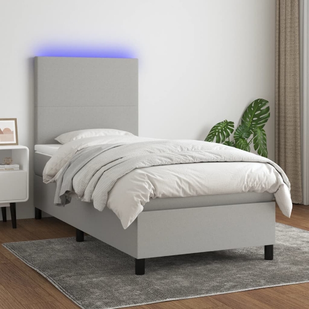 Letto a Molle Materasso e LED Grigio Chiaro 100x200 cm Tessuto