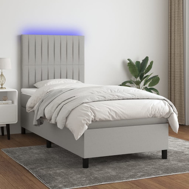 Letto a Molle Materasso e LED Grigio Chiaro 100x200 cm Tessuto