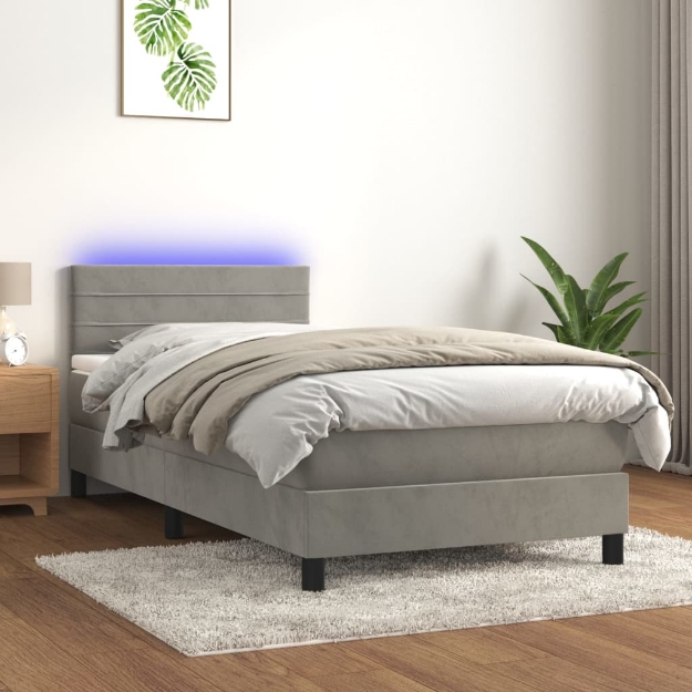 Letto a Molle Materasso e LED Grigio Chiaro 100x200 cm Velluto