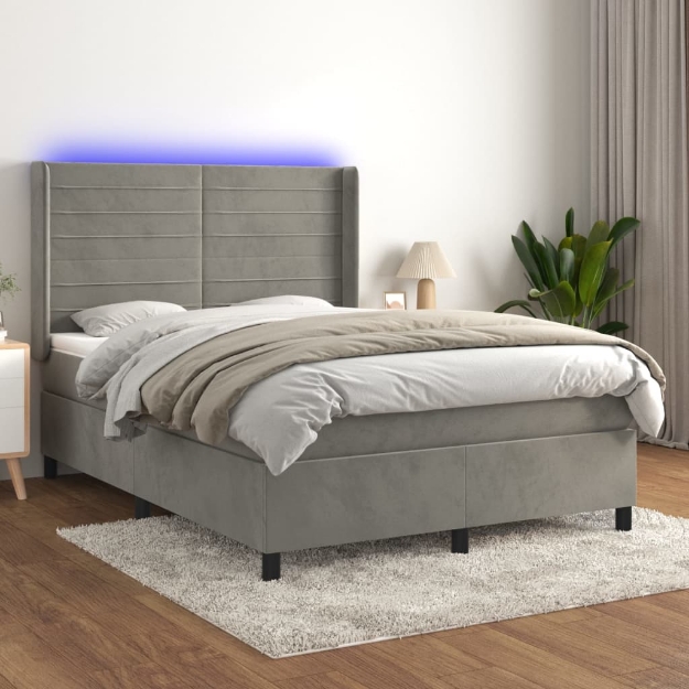 Letto a Molle Materasso e LED Grigio Chiaro 140x190 cm Velluto