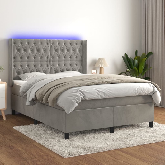 Letto a Molle Materasso e LED Grigio Chiaro 140x190 cm Velluto