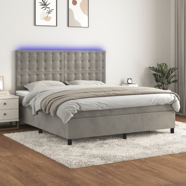 Letto a Molle Materasso e LED Grigio Chiaro 160x200 cm Velluto