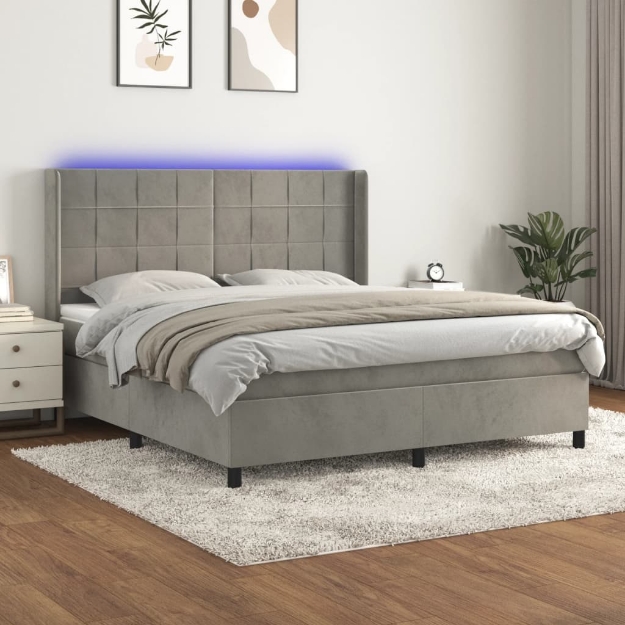 Letto a Molle Materasso e LED Grigio Chiaro 160x200 cm Velluto