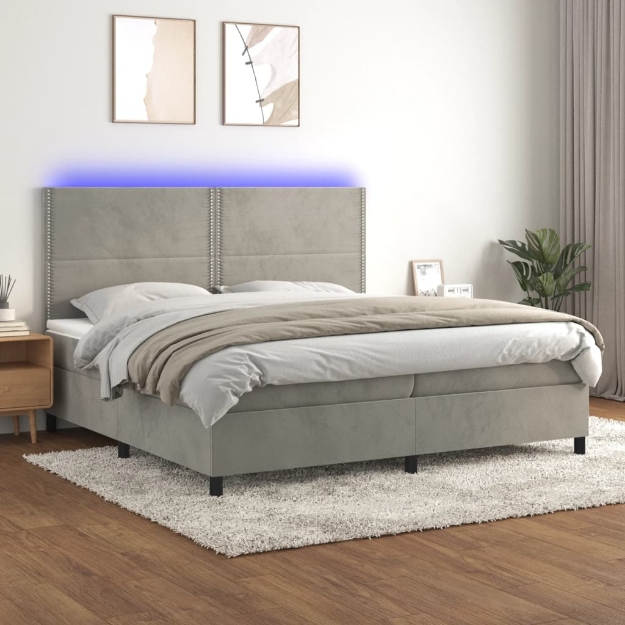 Letto a Molle Materasso e LED Grigio Chiaro 200x200 cm Velluto