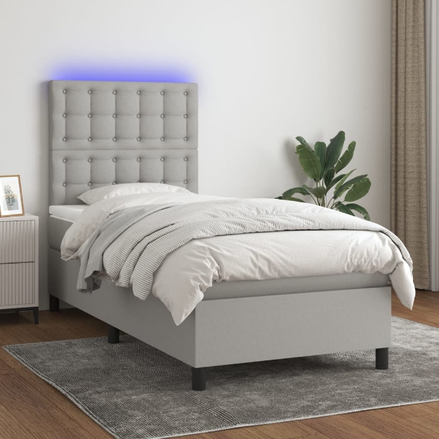 Letto a Molle Materasso e LED Grigio Chiaro 90x190 cm Tessuto