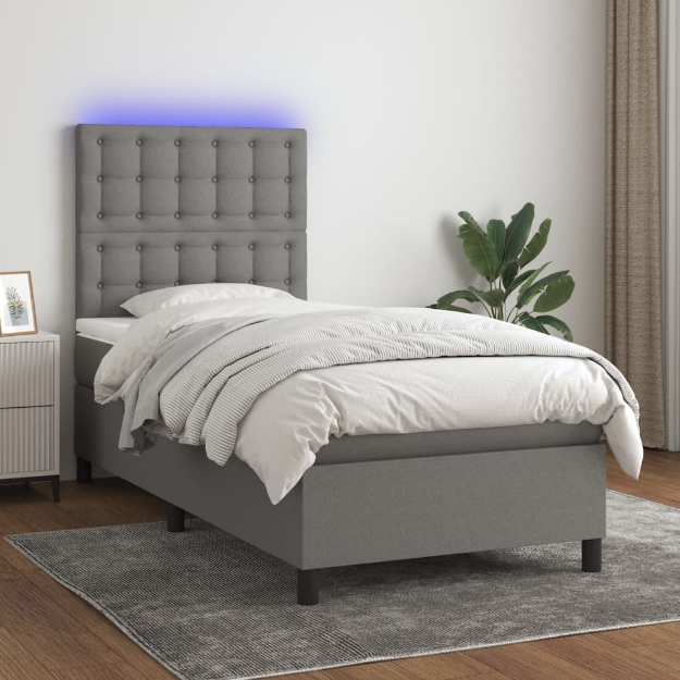 Letto a Molle Materasso e LED Grigio Scuro 100x200cm in Tessuto