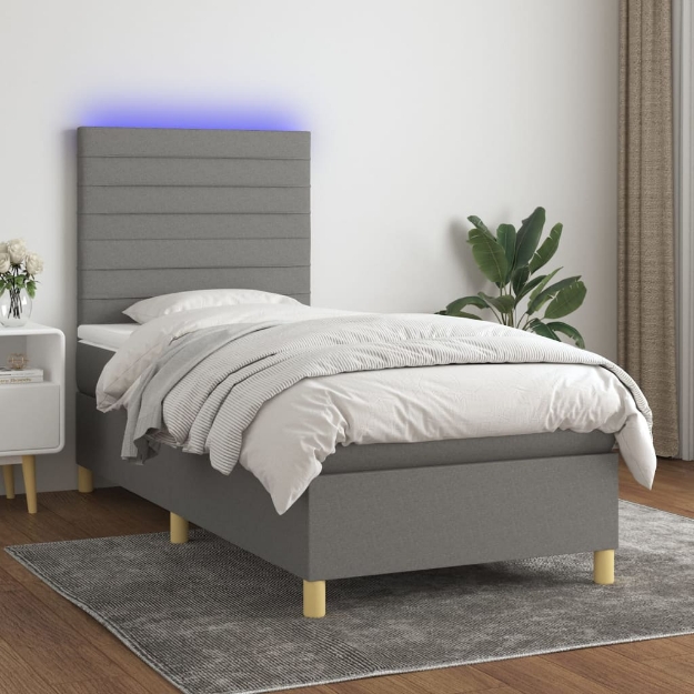 Letto a Molle Materasso e LED Grigio Scuro 100x200cm in Tessuto