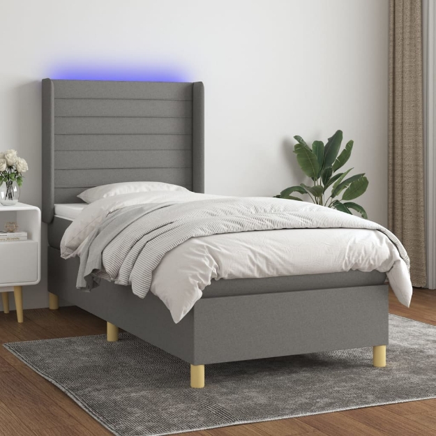 Letto a Molle Materasso e LED Grigio Scuro 100x200cm in Tessuto