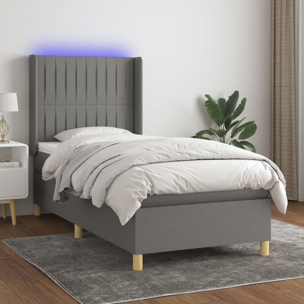 Letto a Molle Materasso e LED Grigio Scuro 100x200cm in Tessuto