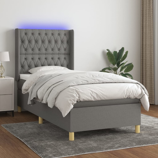 Letto a Molle Materasso e LED Grigio Scuro 100x200cm in Tessuto